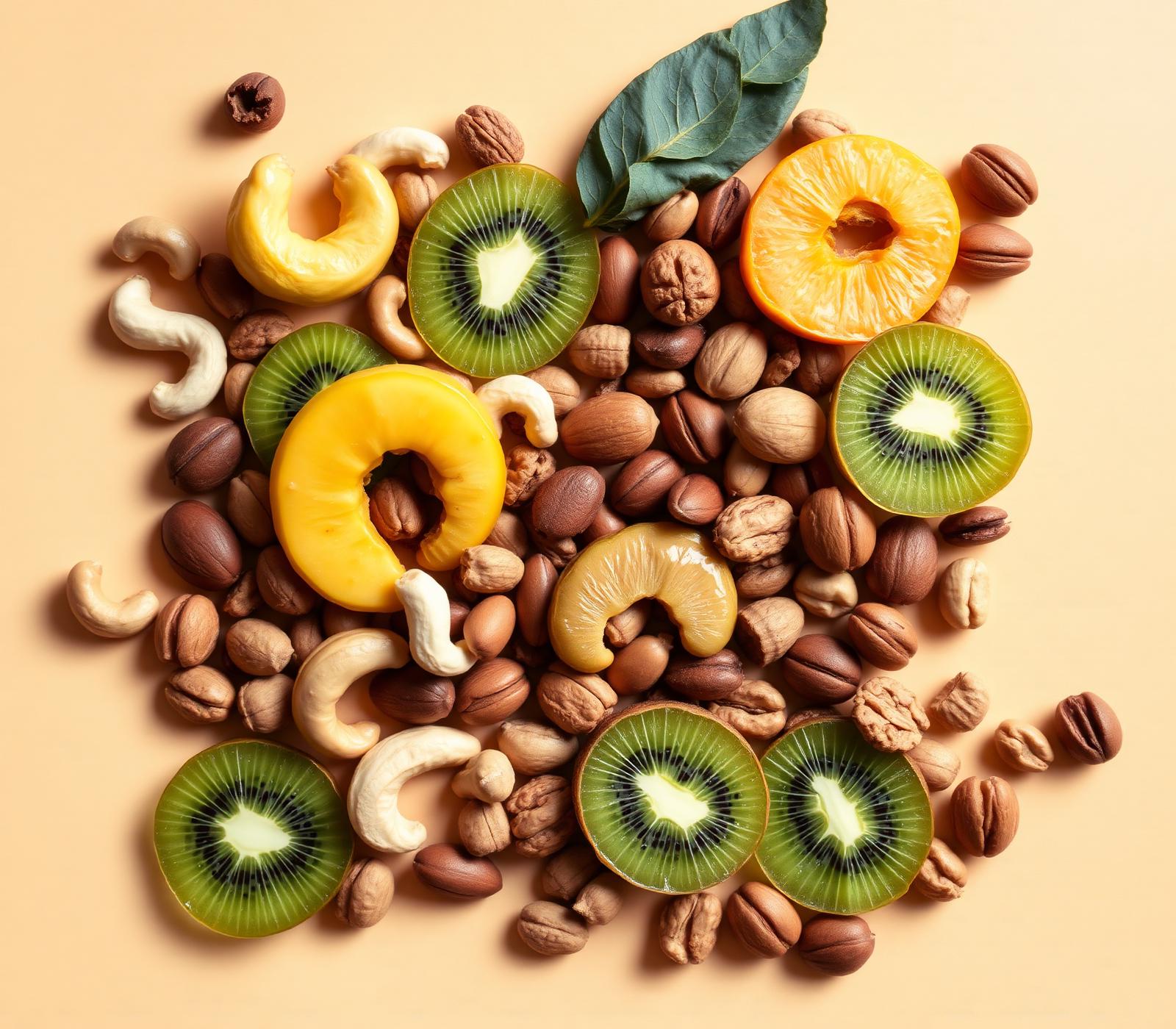 A generous spread of cashews, almonds, walnuts and sliced kiwi